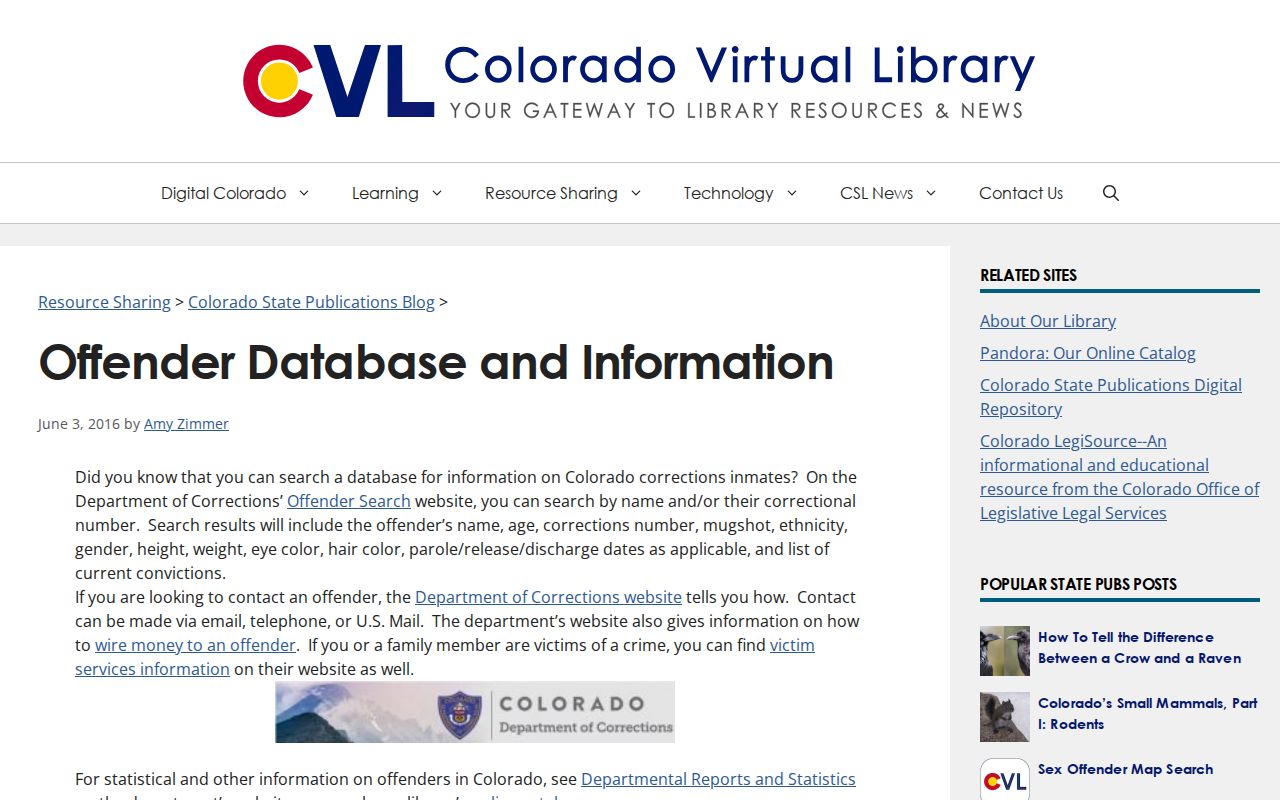 Colorado offender database information describing CDOC release-related fields