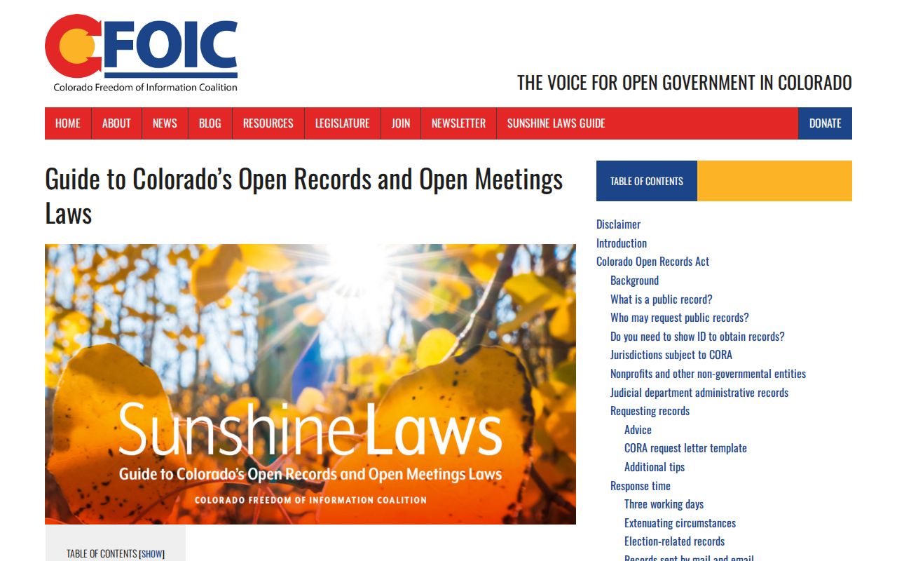 Colorado FOIC guide explaining CORA and CCJRA access routes for jail release records