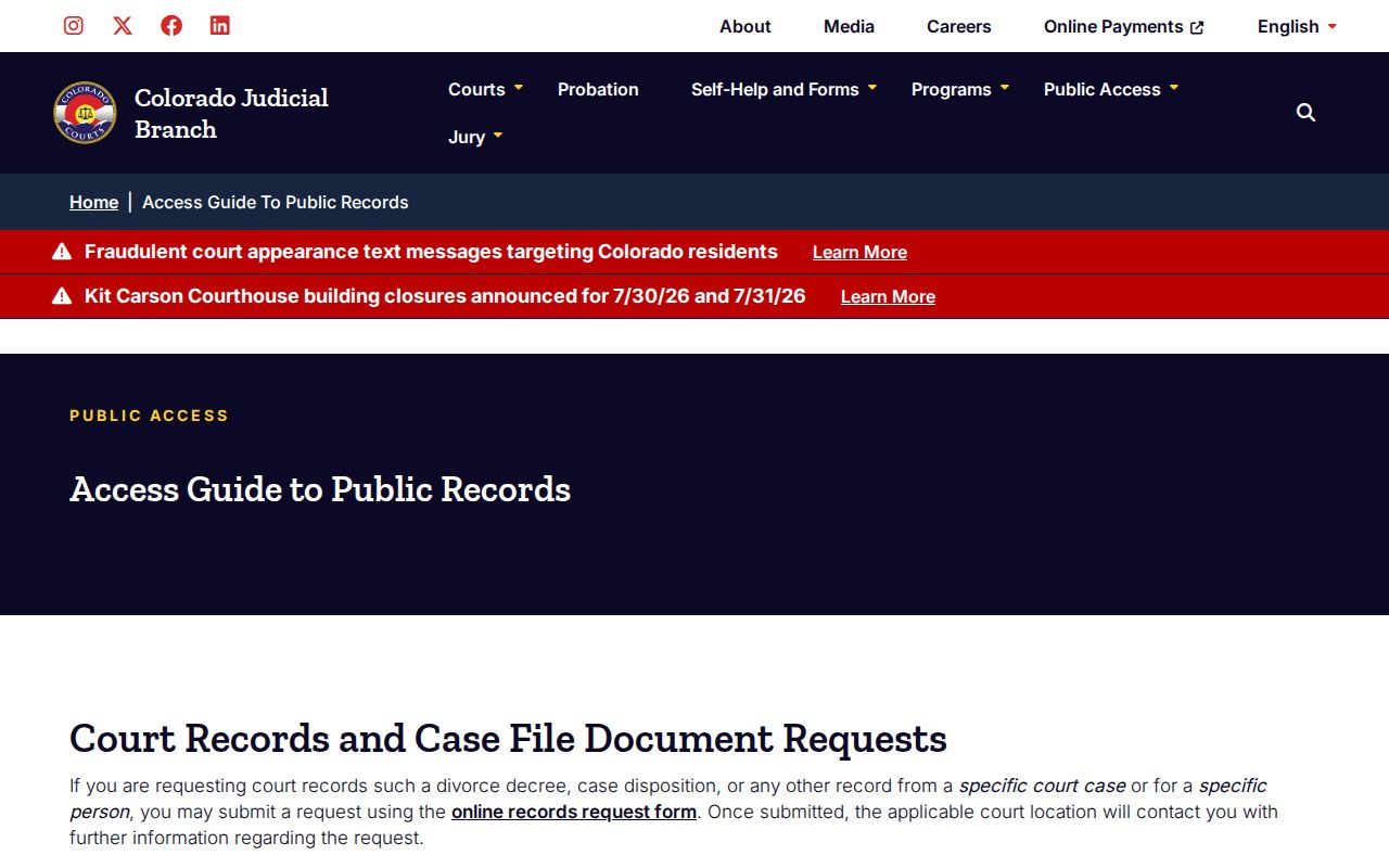 Colorado Judicial Branch public access guide for court records used to verify San Juan County release orders