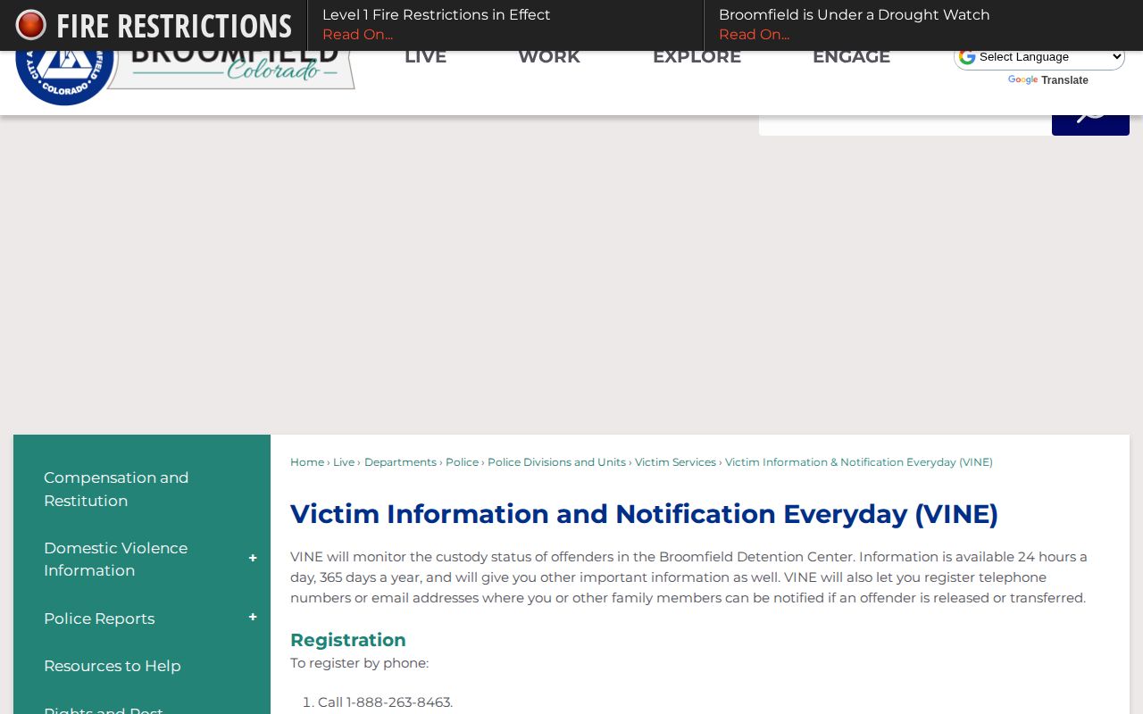 Broomfield Colorado VINE notification setup instructions for phone email text and PIN registration