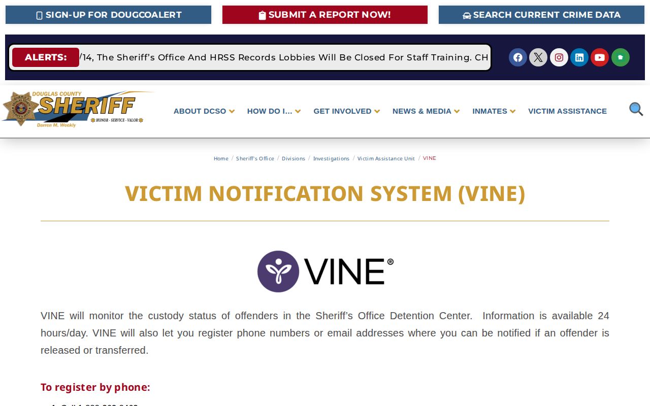 Douglas County Sheriff's Office Colorado VINE workflow instructions for custody search and notification registration