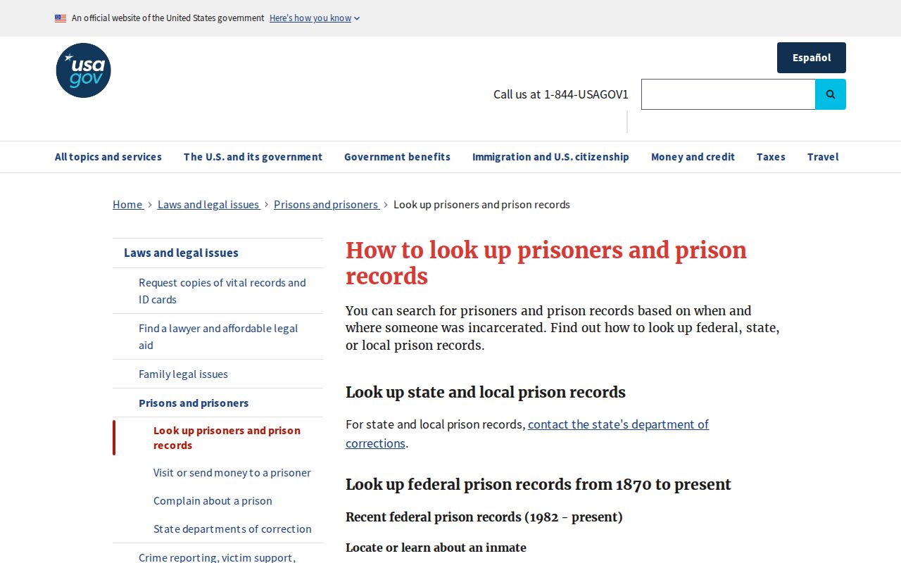 USA.gov prisoner records page showing separate custody record channels beyond VINELink