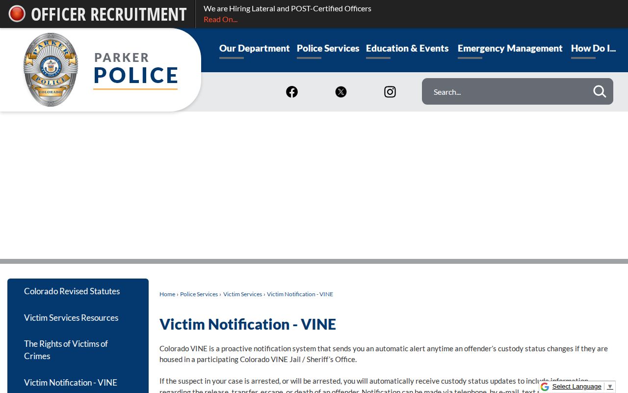Parker Police Colorado VINE instructions explaining notification methods and re-registration after re-arrest